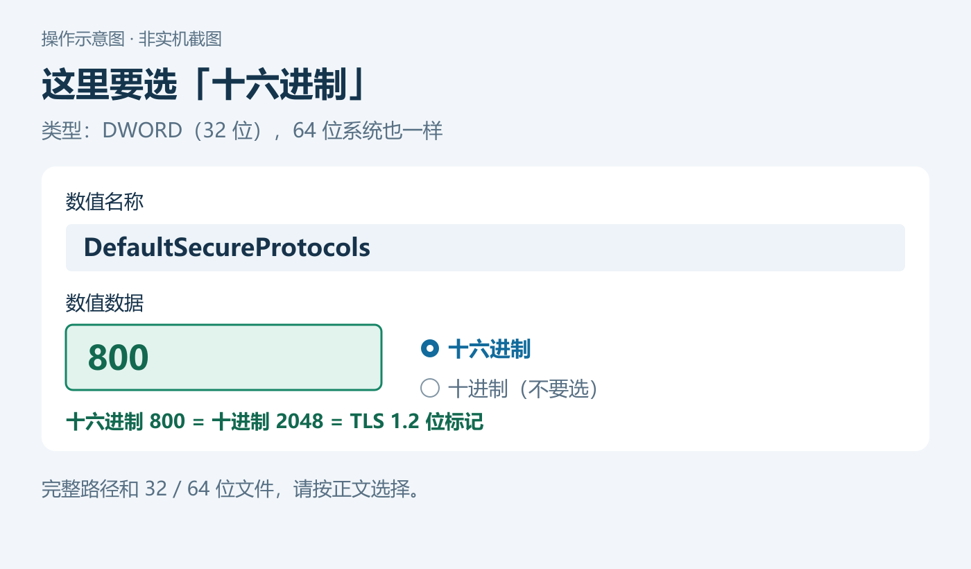手动填写时新建DWORD32位,名称DefaultSecureProtocols,选择十六进制并填800,不是十进制800